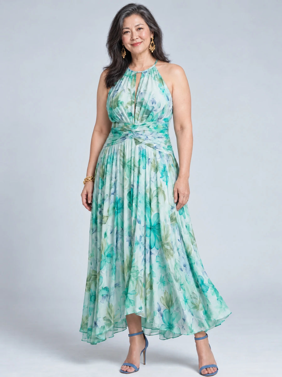 Portia | Pleated Halter Soft Floral Pattern Midi Dress