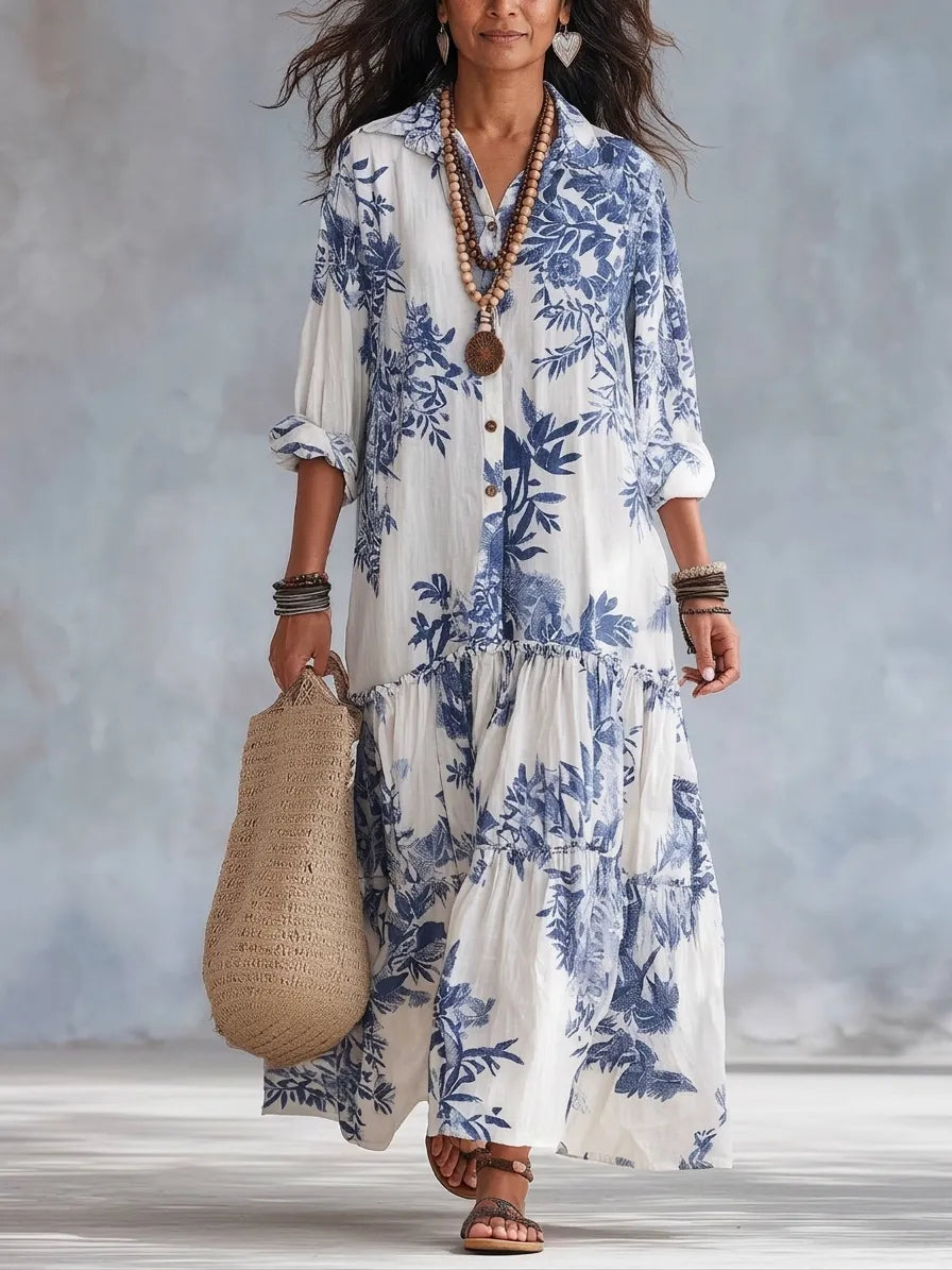 Bohemian Blue Floral Button-Down Maxi Dress