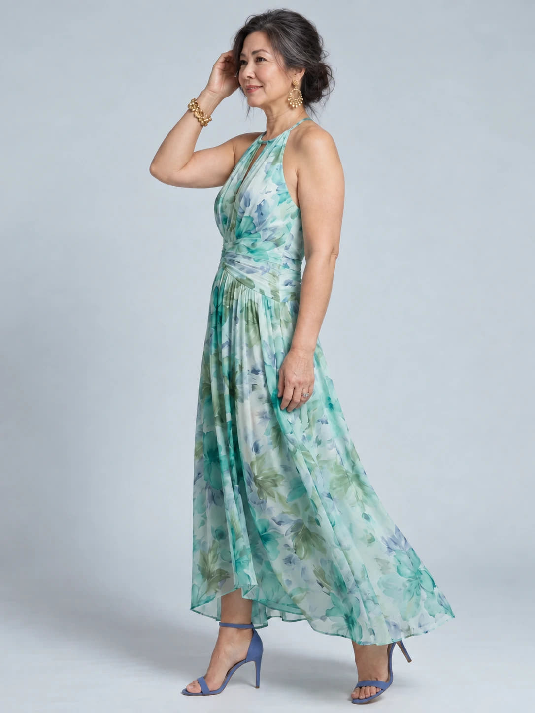 Portia | Pleated Halter Soft Floral Pattern Midi Dress