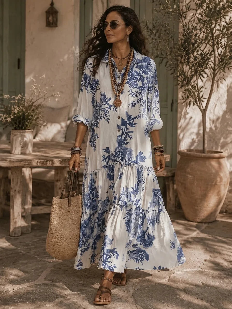 Bohemian Blue Floral Button-Down Maxi Dress