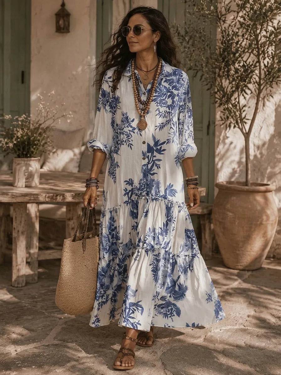 Bohemian Blue Floral Button-Down Maxi Dress