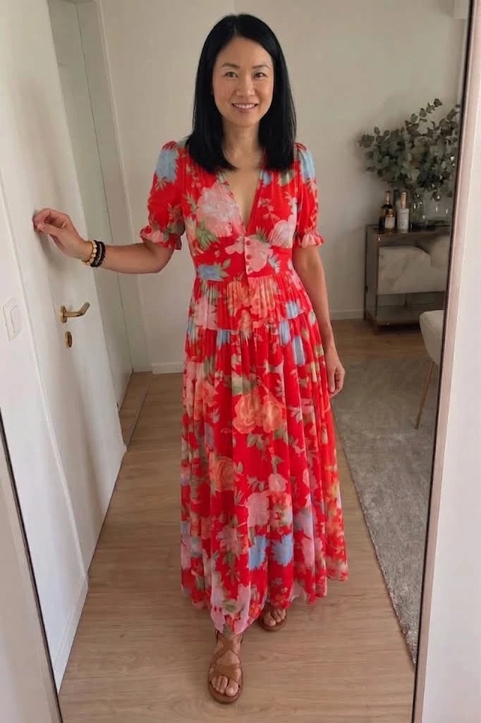 Ione | Short Sleeve V Neck Floral Midi Dress