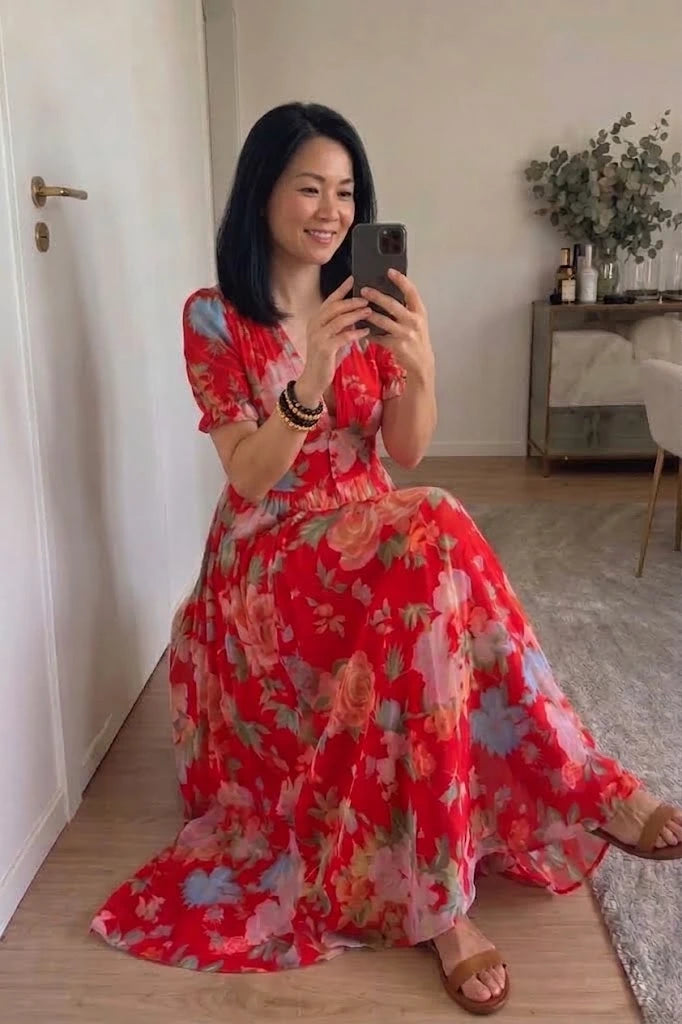 Ione | Short Sleeve V Neck Floral Midi Dress