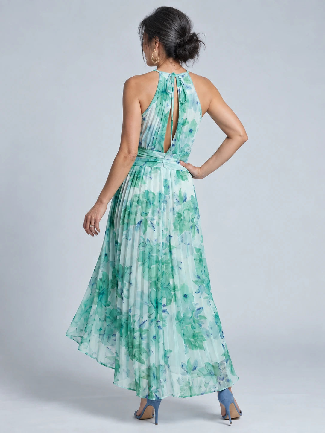 Portia | Pleated Halter Soft Floral Pattern Midi Dress