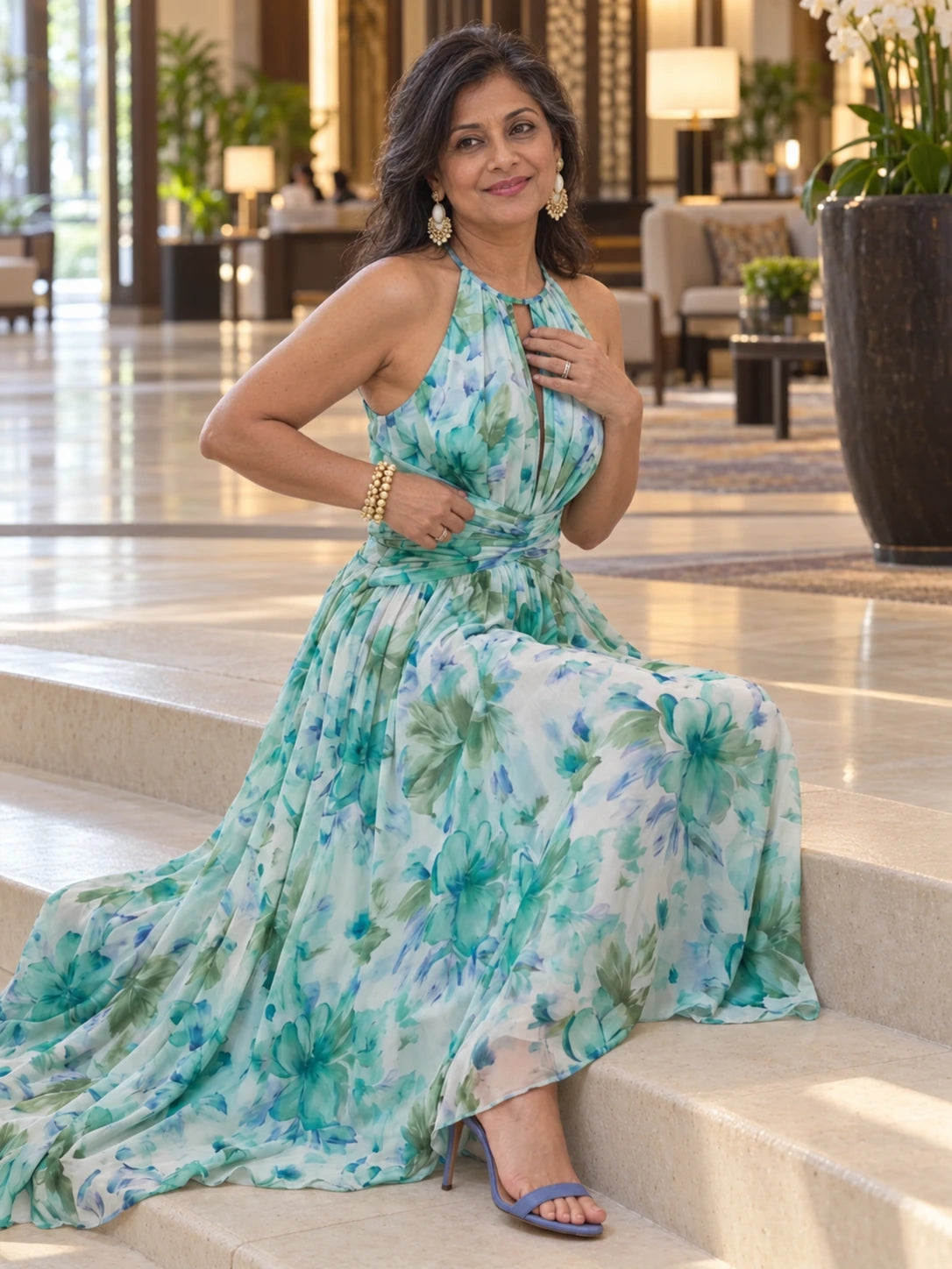 Portia | Pleated Halter Soft Floral Pattern Midi Dress