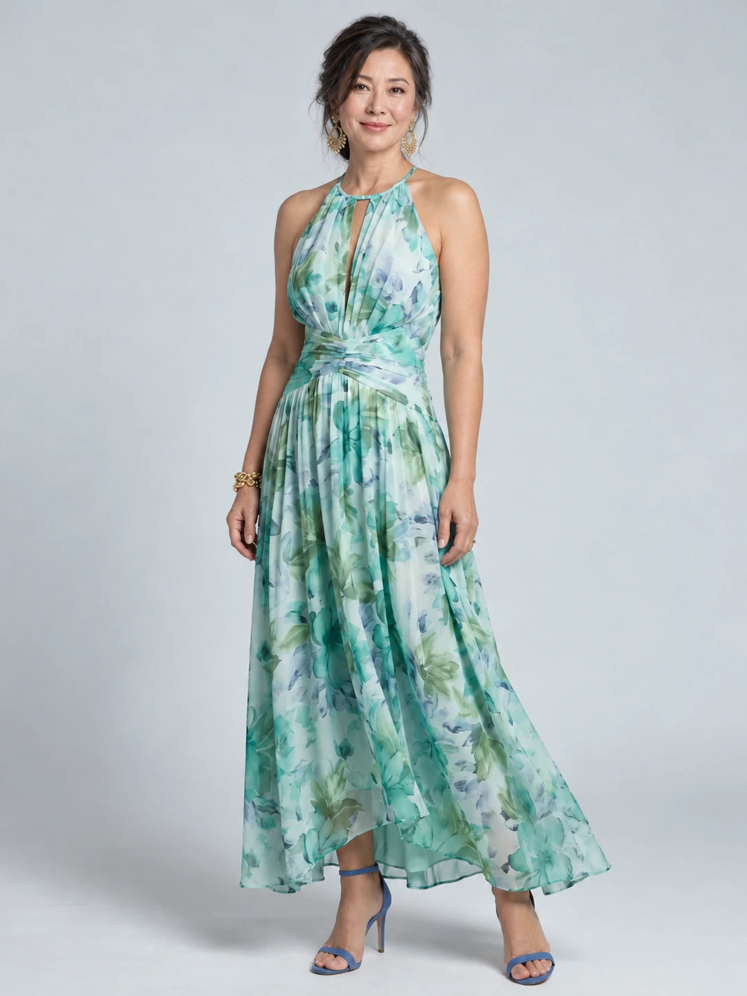 Portia | Pleated Halter Soft Floral Pattern Midi Dress