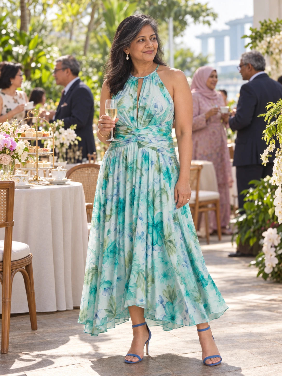 Portia | Pleated Halter Soft Floral Pattern Midi Dress