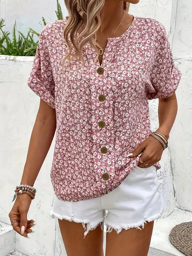 Wolena | Floral Notch Collar Blouse