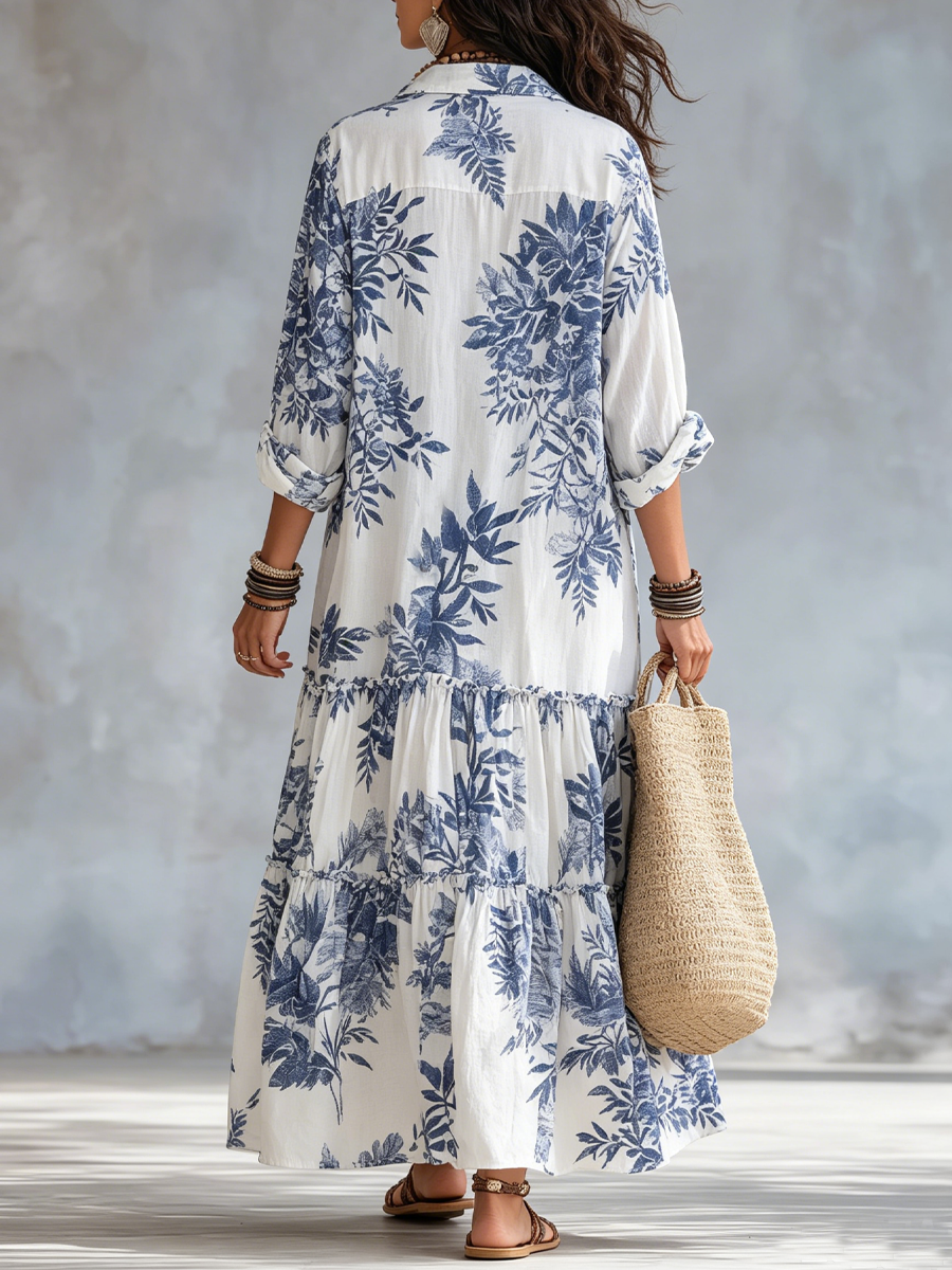 Bohemian Blue Floral Button-Down Maxi Dress