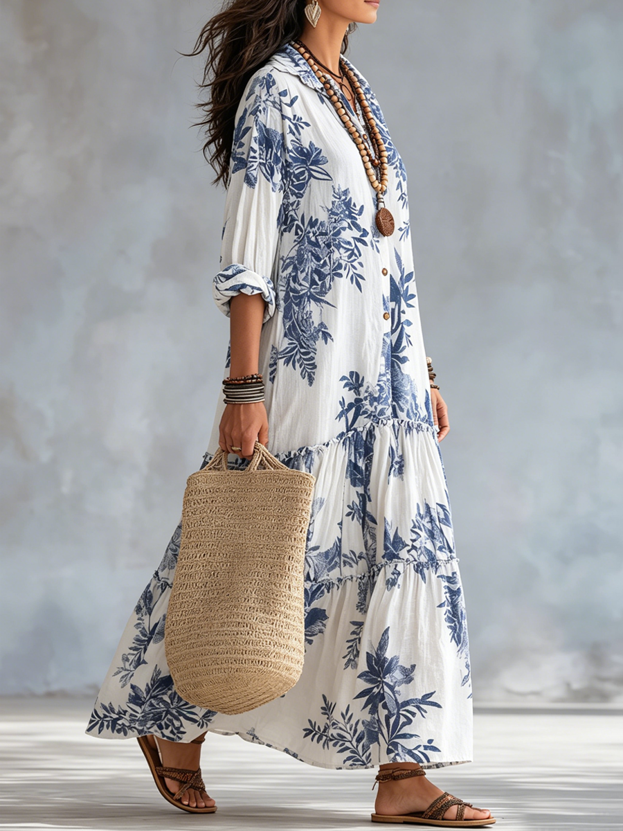 Bohemian Blue Floral Button-Down Maxi Dress