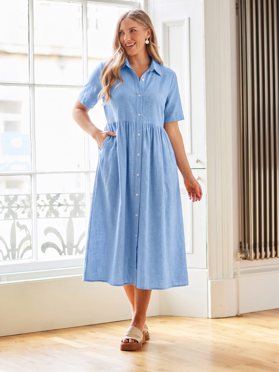 linen dress singapore Clarisse Linen Tiered Midi Dress in Singapore (Navy Blue)