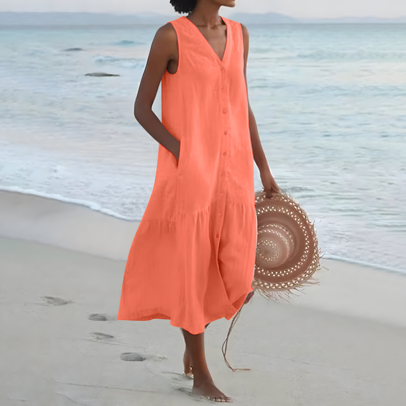Aria | Linen-Look Button-Down Midi Dress