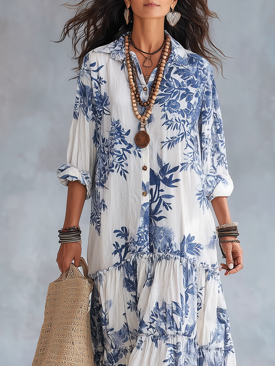 Bohemian Blue Floral Button-Down Maxi Dress