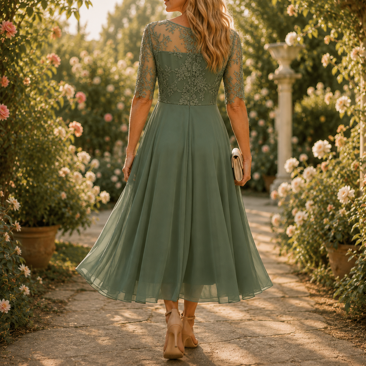 Elarose | Embroidered Lace Bodice Midi Dress