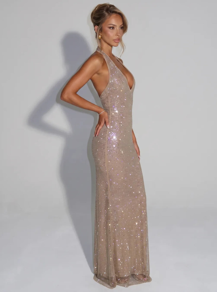 Sirea | Sequin Sleeveless Sheer Panel Midi Dress