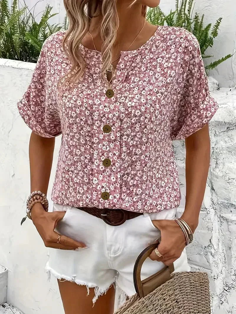Wolena | Floral Notch Collar Blouse