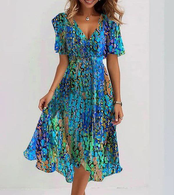 Belinda | Short Sleeve Blue Midi Dress
