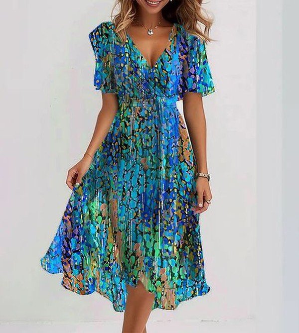Belinda | Short Sleeve Blue Midi Dress