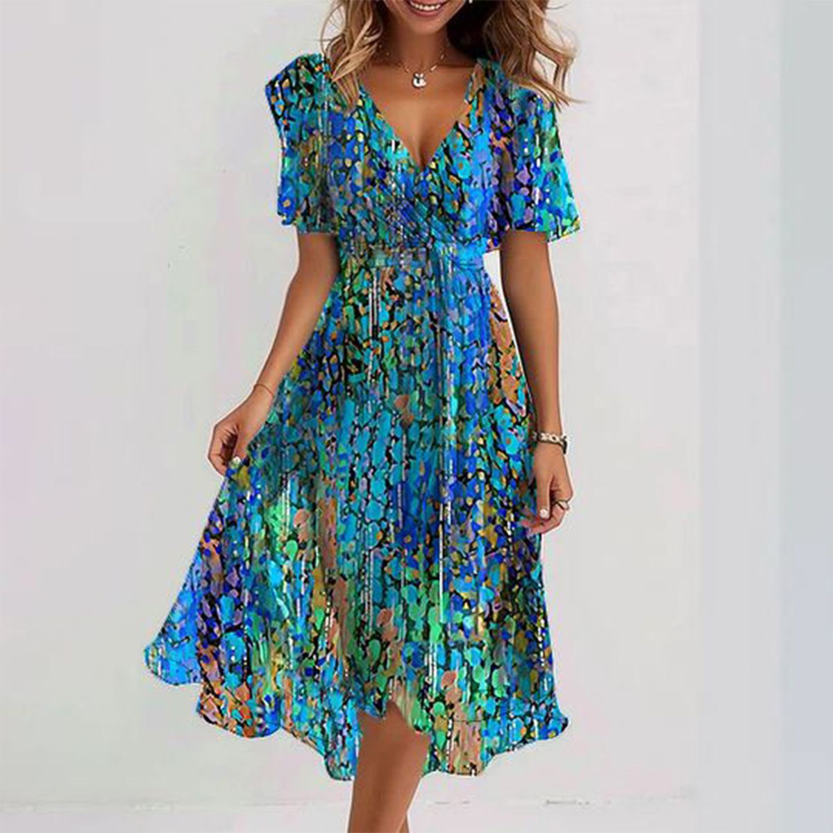 Belinda | Short Sleeve Blue Midi Dress