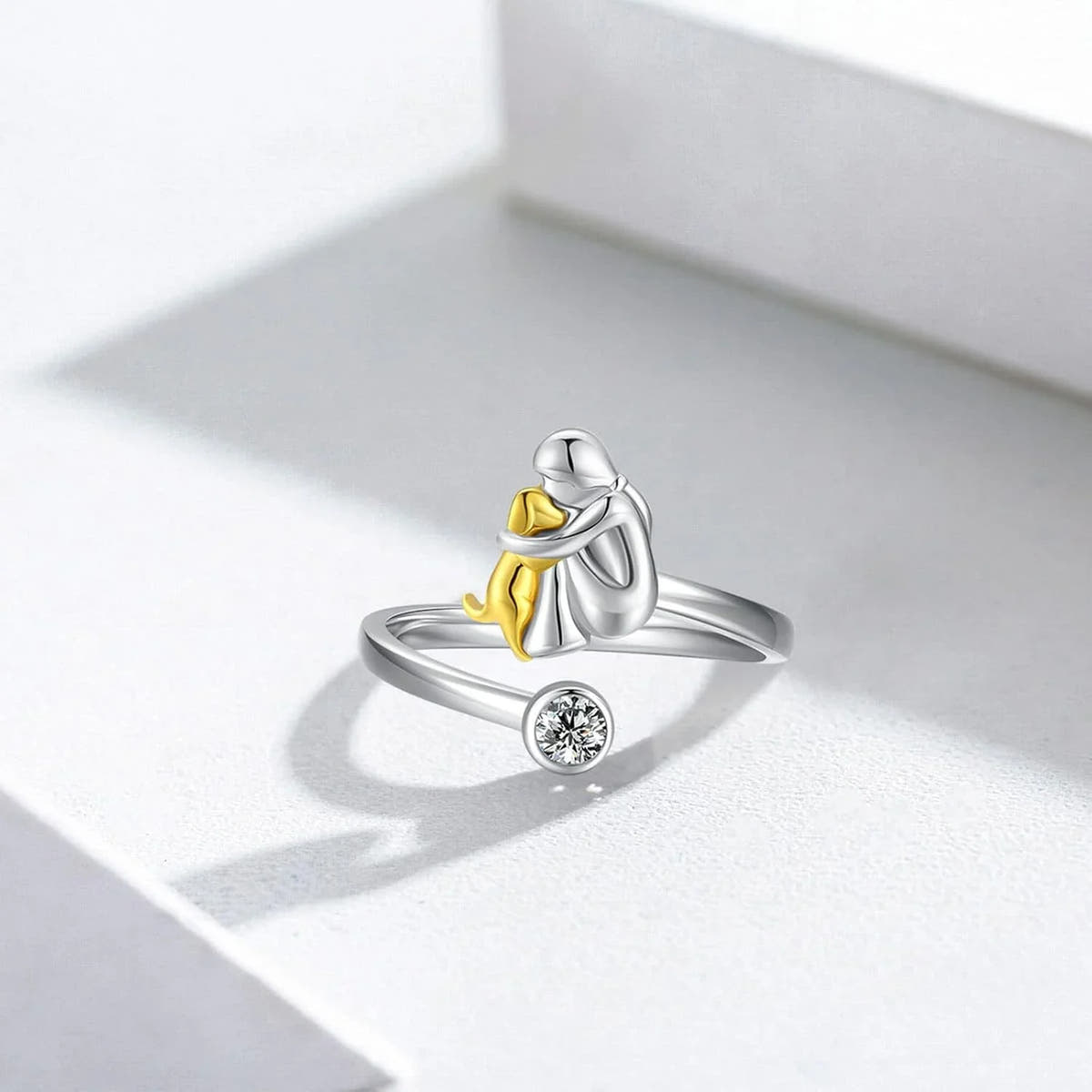Silver Dog Ring wit Zirconia – Adjustable & Handmade