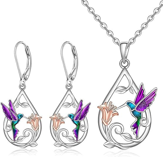 Beautiful Hummingbird Necklace for Women with Bonus Earrings