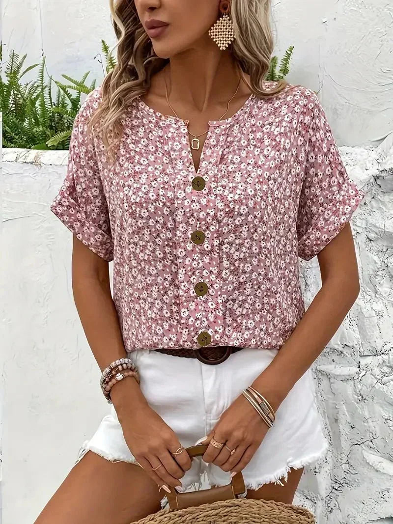 Wolena | Floral Notch Collar Blouse