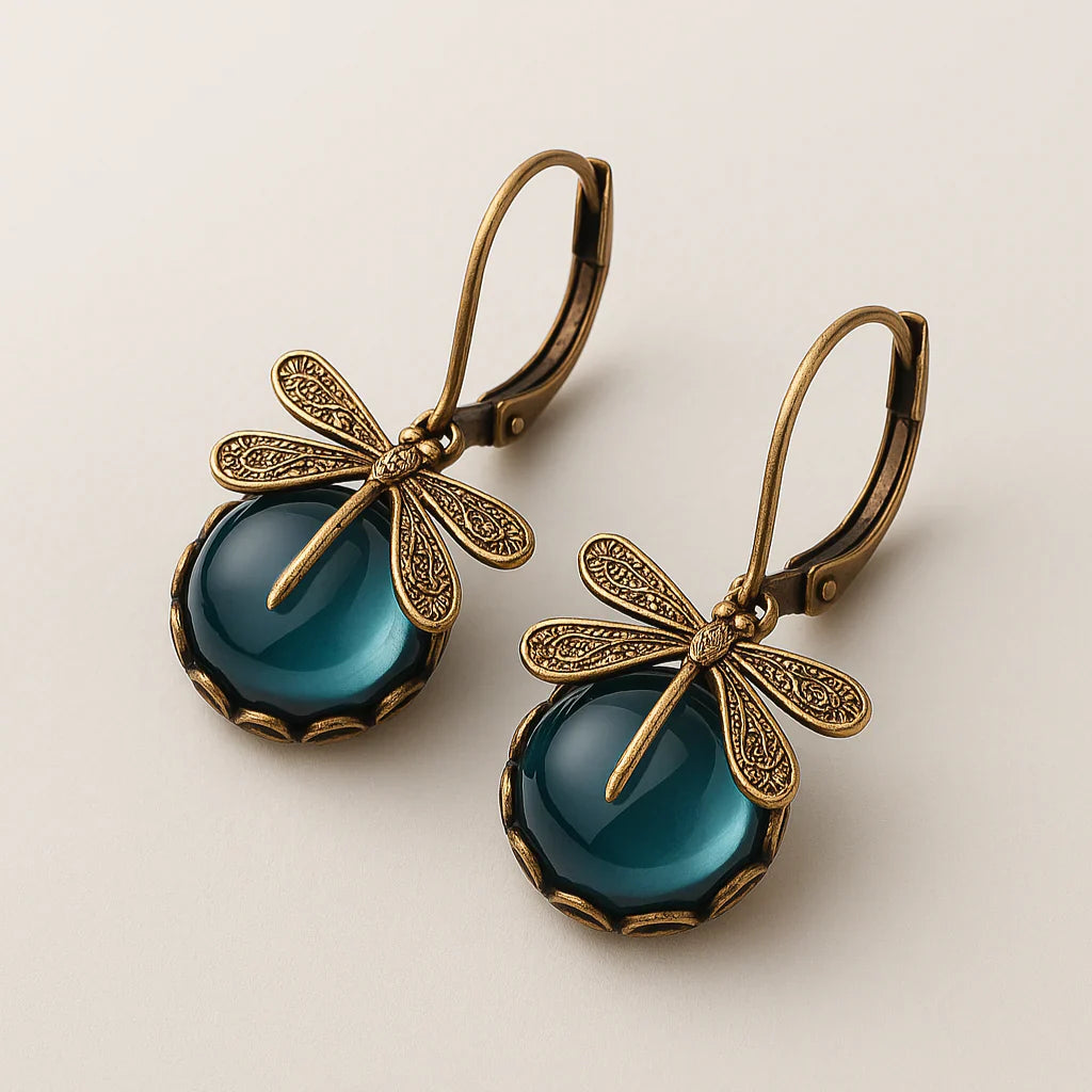 Spherical Dragonfly Earrings in Antique Gold