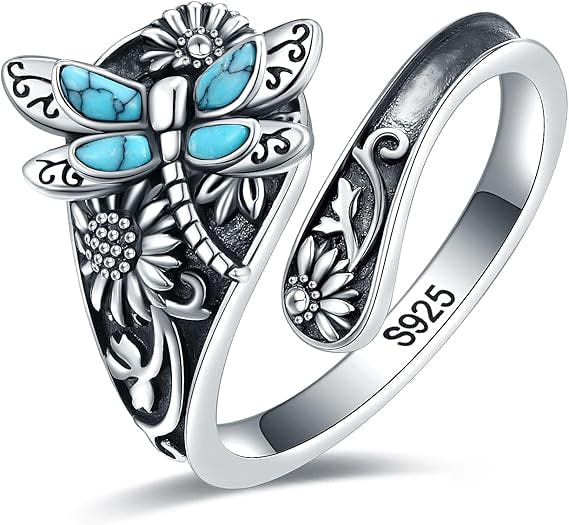 Sterling Silver Turquoise Spoon Ring – Vintage Boho Wrap Ring with Dragonfly