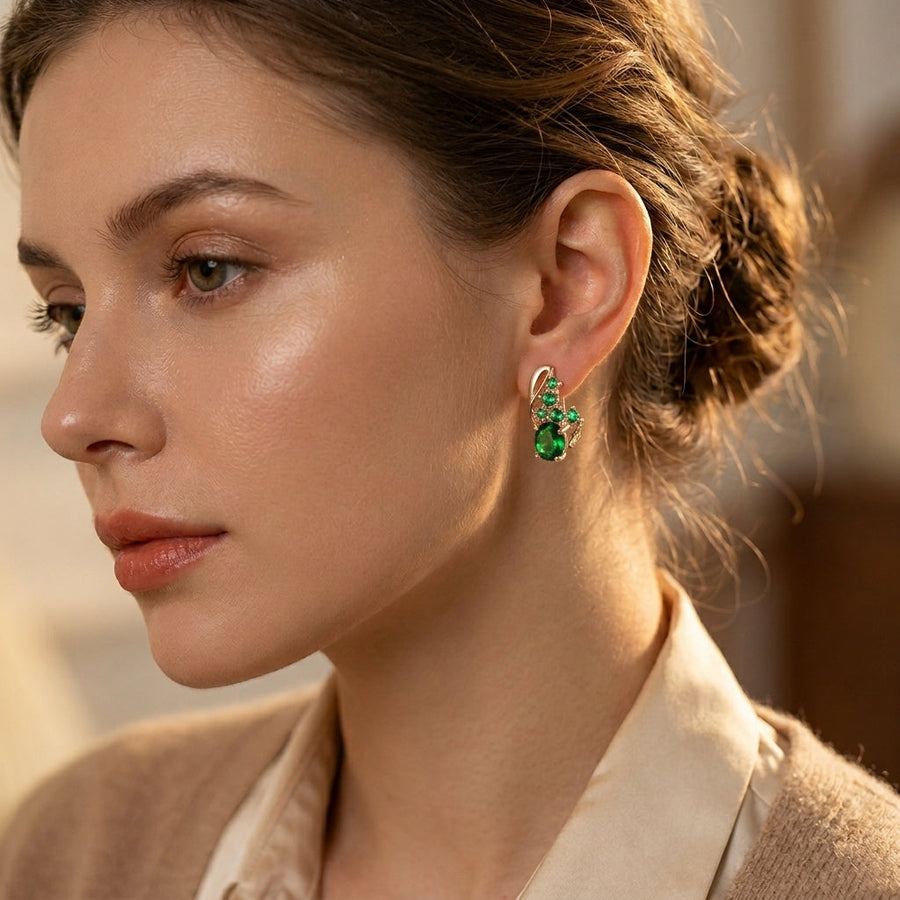 Gold Emerald Cluster Drop Earrings