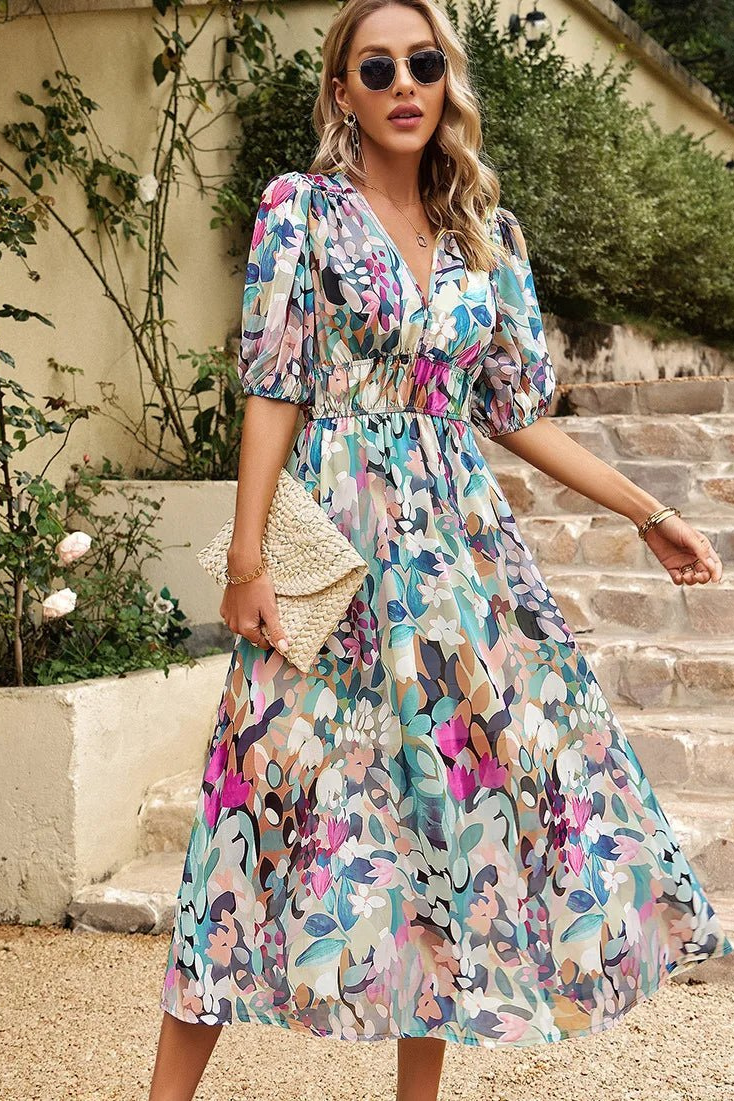 Gaia | Floral Chiffon Puff-Sleeve Midi Dress