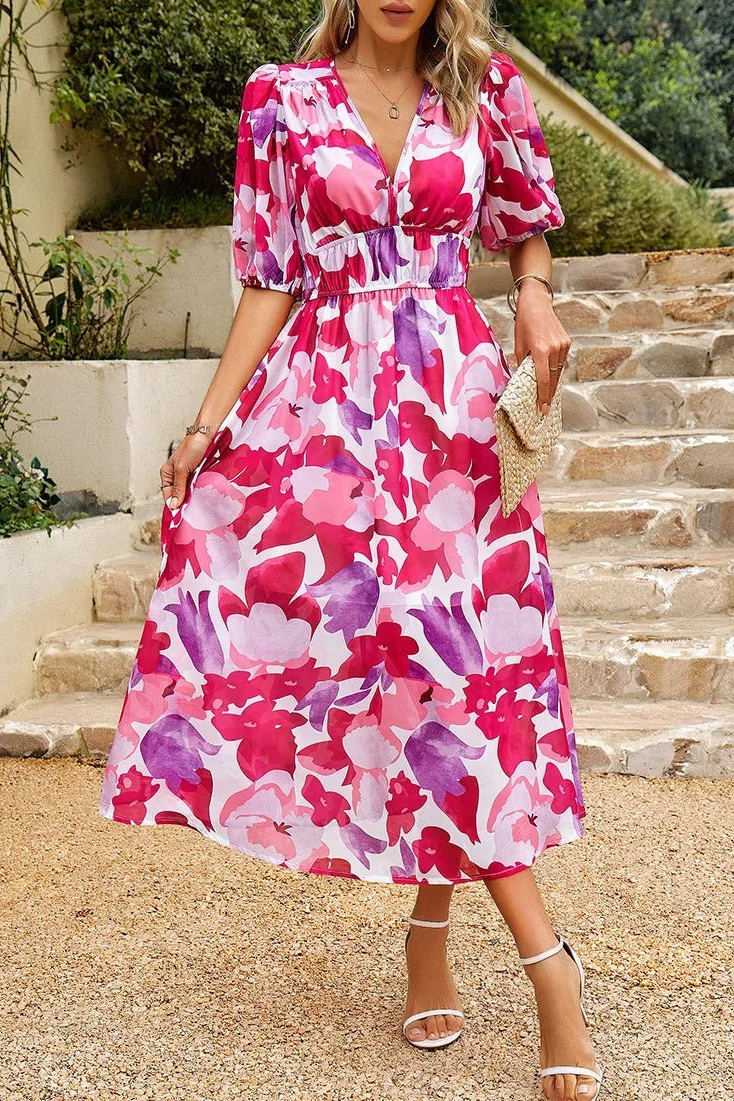 Gaia | Floral Chiffon Puff-Sleeve Midi Dress