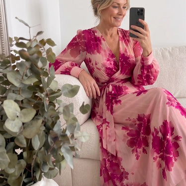 Juliesse | Rose Floral V-Neck Belted Maxi Dress