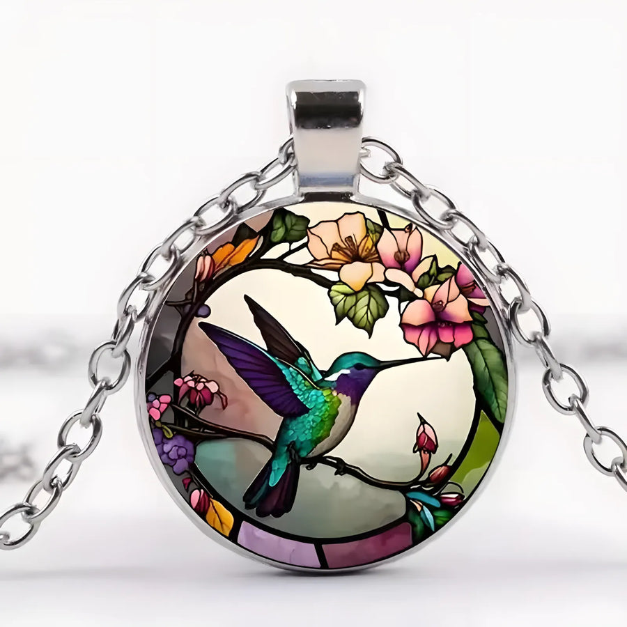 Hummingbird Glass Dome Pendant Necklace
