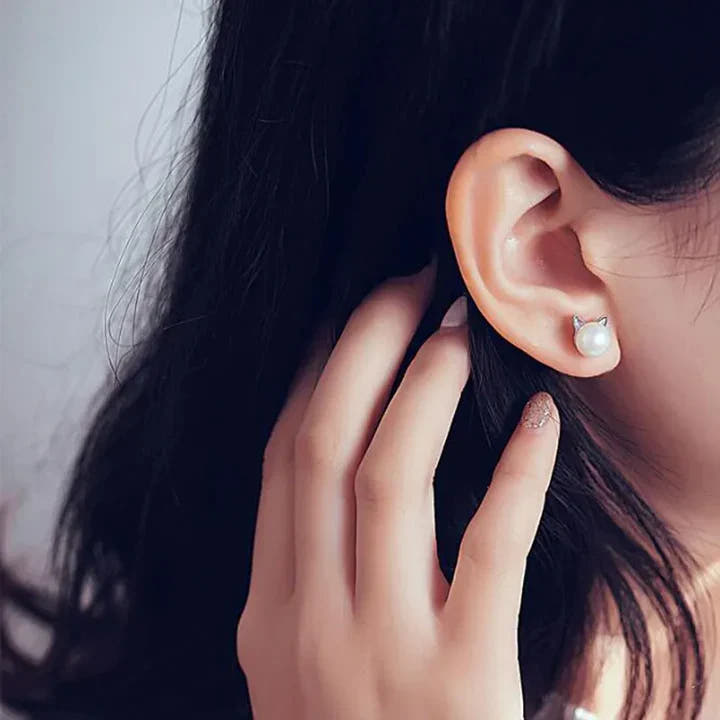Silver Cat Pearl Stud Earrings