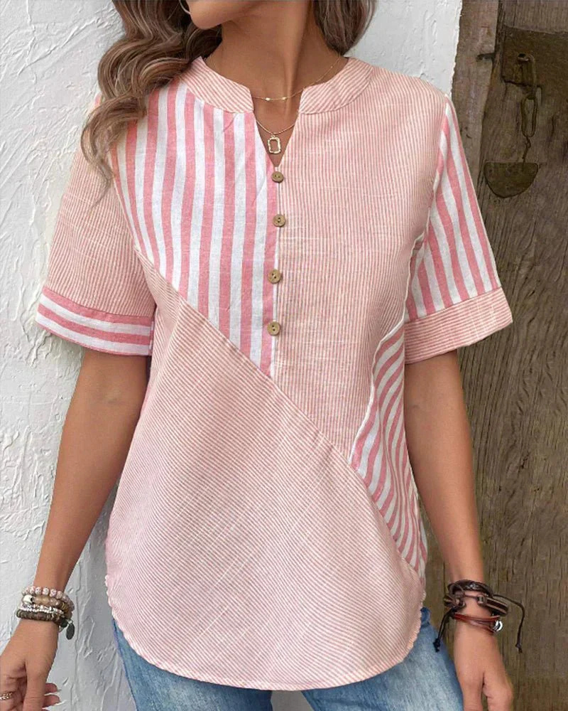 Jamie | Striped Colorblock Half-Button Blouse