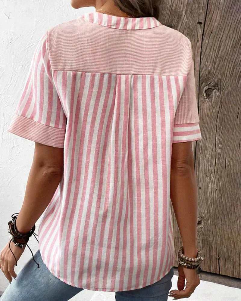 Jamie | Striped Colorblock Half-Button Blouse