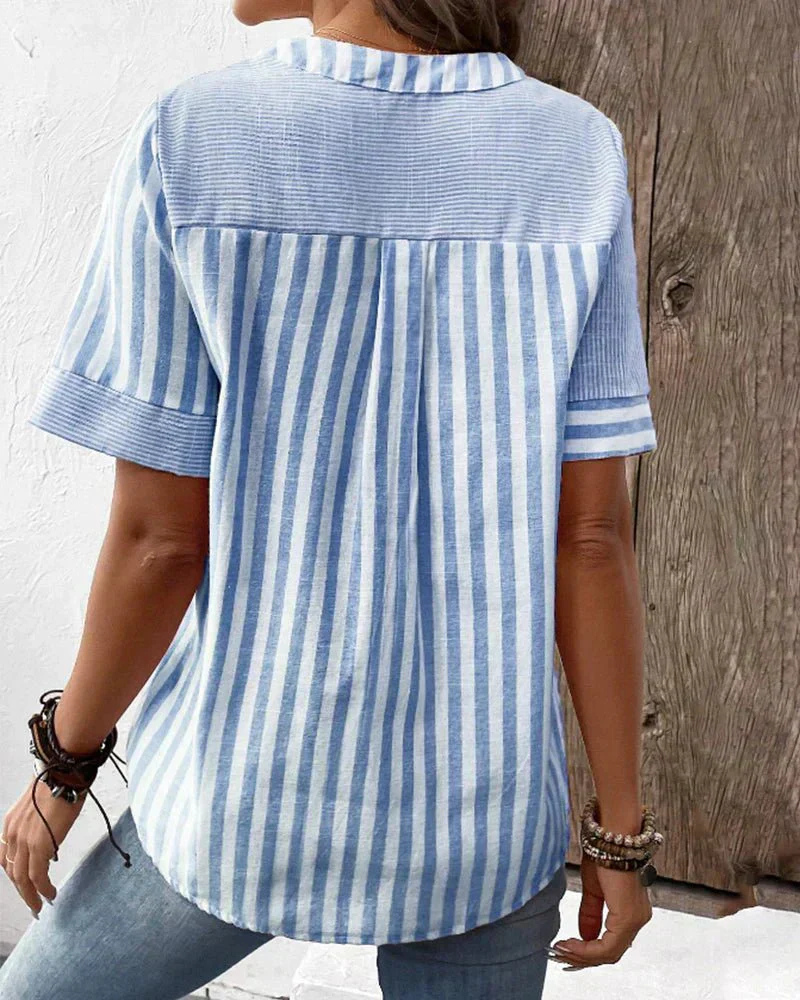 Jamie | Striped Colorblock Half-Button Blouse