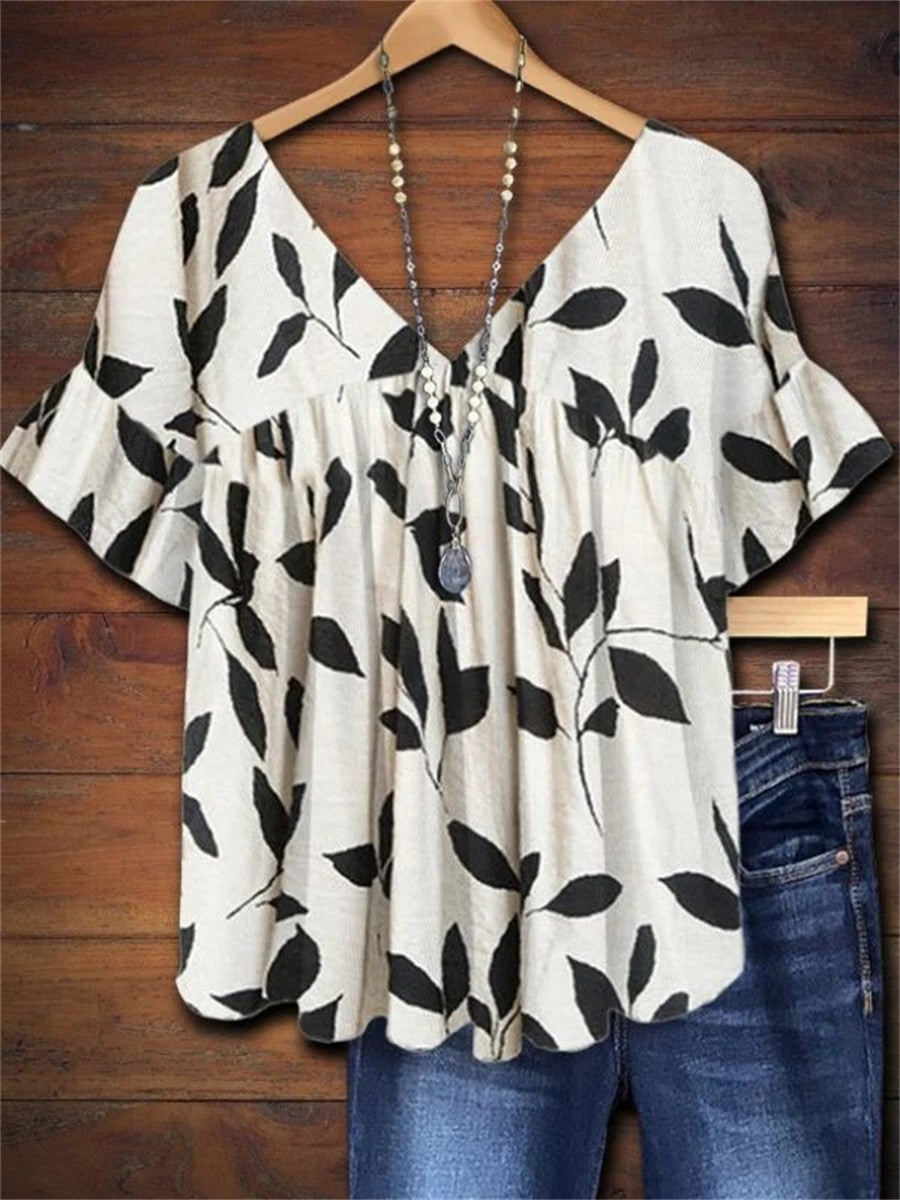 Dominique | Leaf Print Flutter Sleeve Blouse
