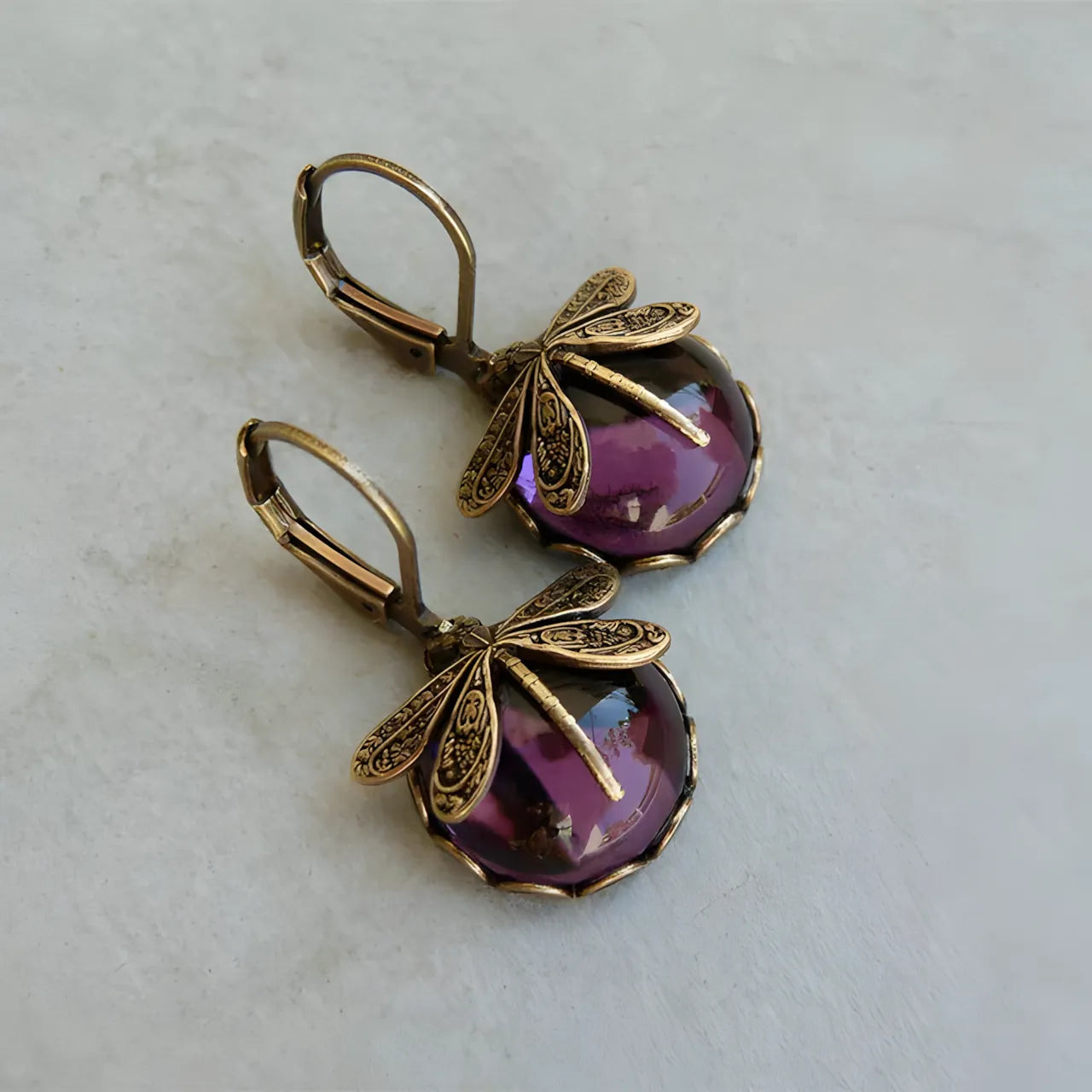 Spherical Dragonfly Earrings in Antique Gold