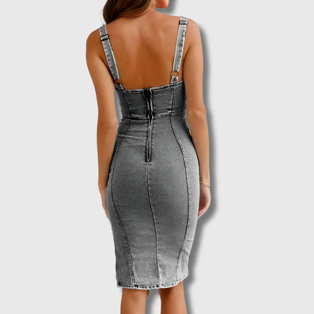 Reeva | Denim Bustier Side-Slit Midi Dress