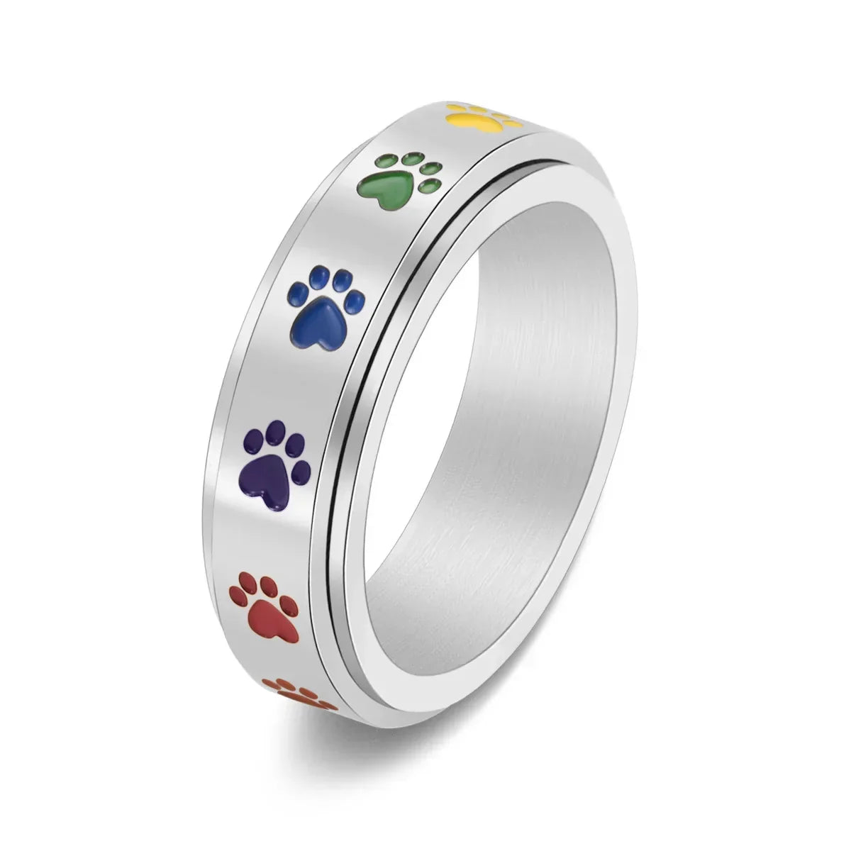 Spinning Paw Ring – Stainless Steel with Rainbow Paws