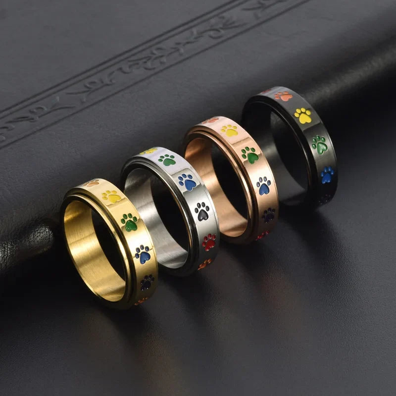 Spinning Paw Ring – Stainless Steel with Rainbow Paws