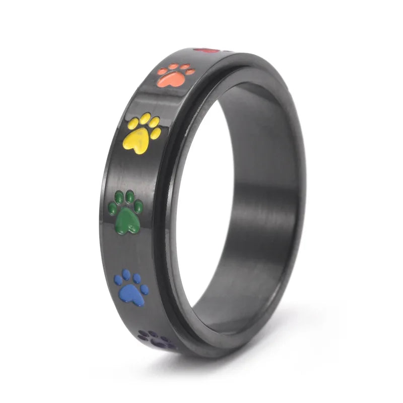Spinning Paw Ring – Stainless Steel with Rainbow Paws