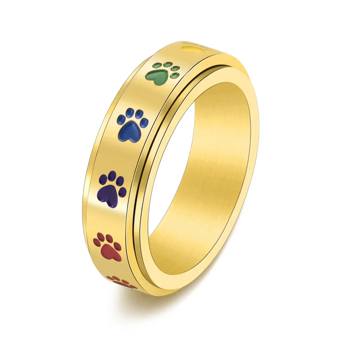 Spinning Paw Ring – Stainless Steel with Rainbow Paws