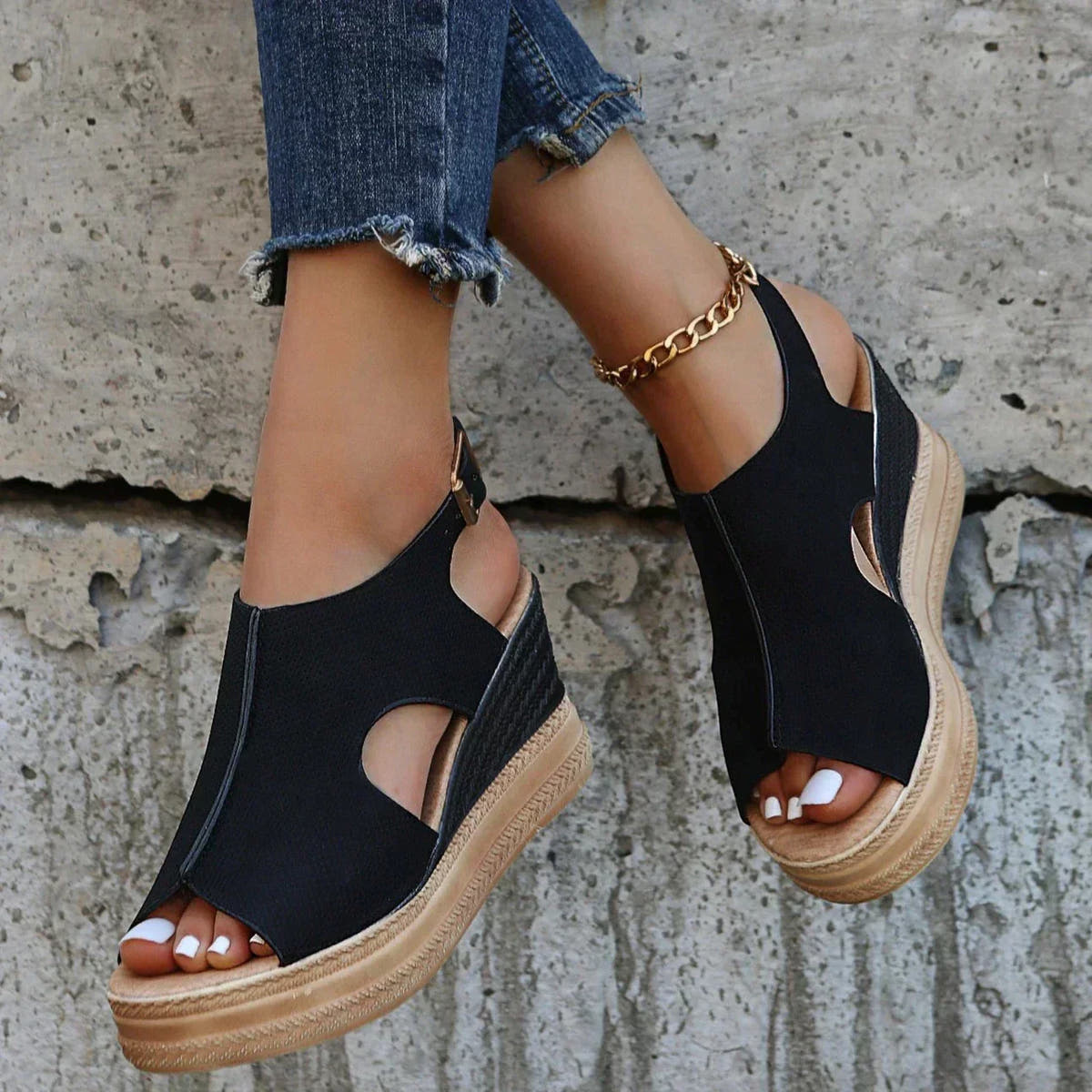 Marivelle | Metallic Cut-Out Wedge Sandals
