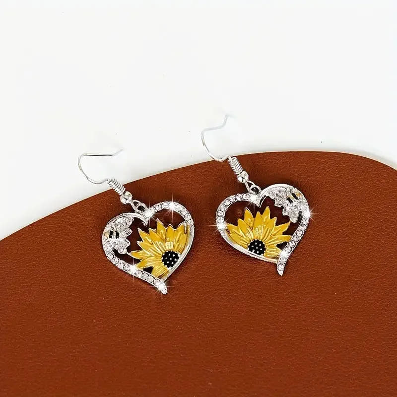 Vintage Boho Sunflower & Bee Heart Dangle Earrings