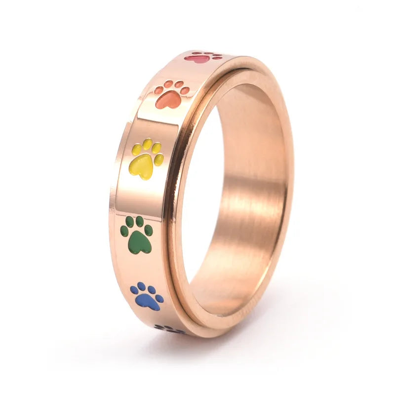 Spinning Paw Ring – Stainless Steel with Rainbow Paws