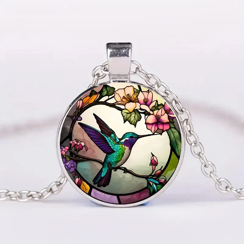 Hummingbird Glass Dome Pendant Necklace