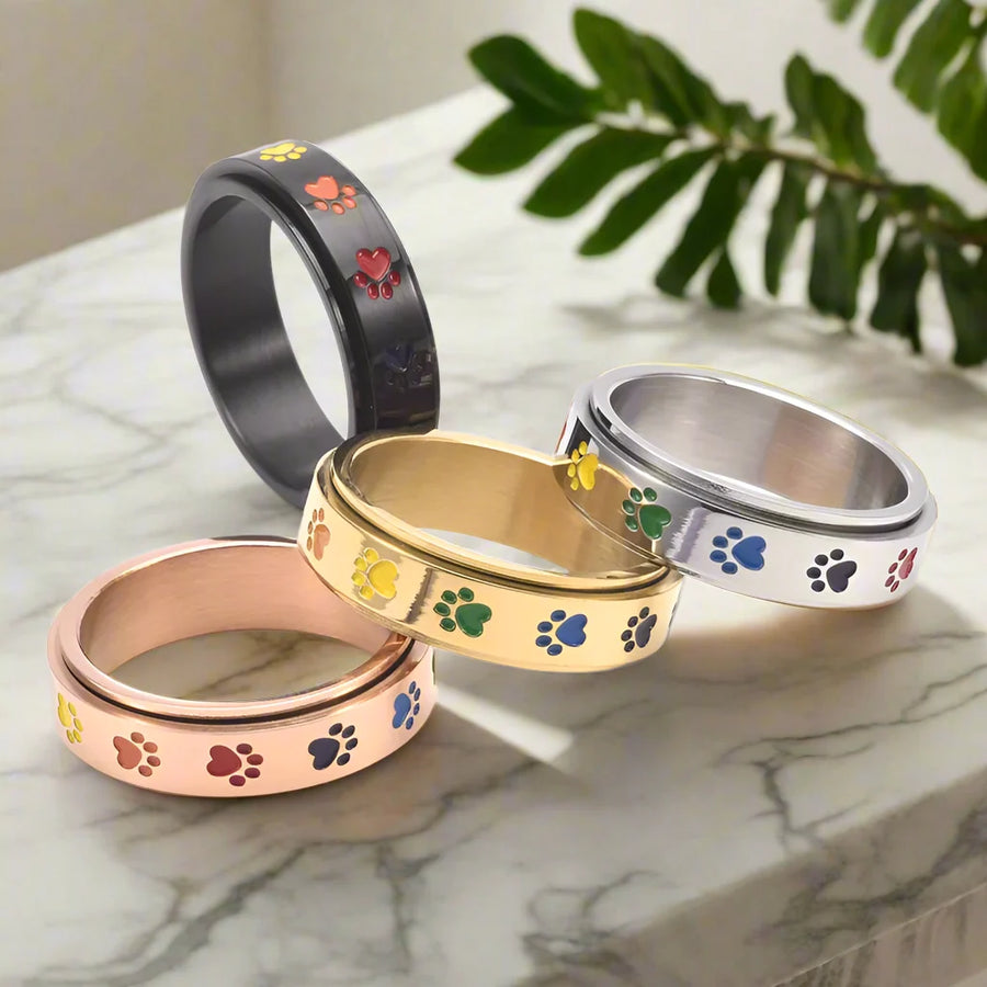 Spinning Paw Ring – Stainless Steel with Rainbow Paws