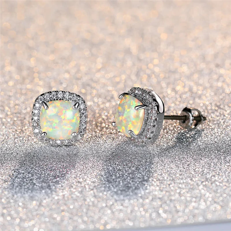 Elegant Silver Earrings with Round White Fire Opal